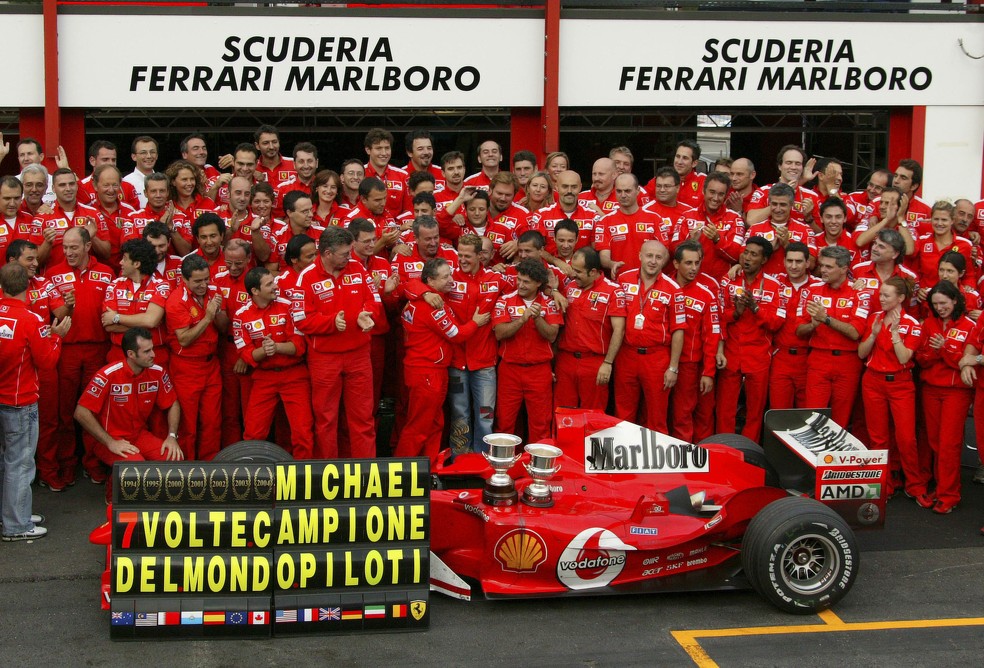 Foto da comemoração da Ferrari pelo sétimo título de Michael Schumacher — Foto: Getty Images