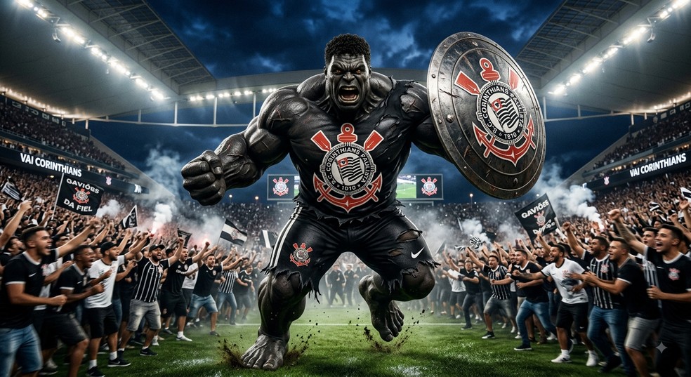 Hulk com as cores do Corinthians feito em Inteligência Artificial — Foto: Montagem feita por IA