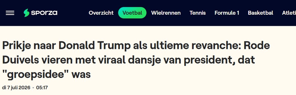 "Alfinetada em Donald Trump como vingança definitiva: Diabos Vermelhos comemoram com a dancinha viral do presidente, que foi uma 'ideia do grupo'", diz o Sporza — Foto: Reprodução
