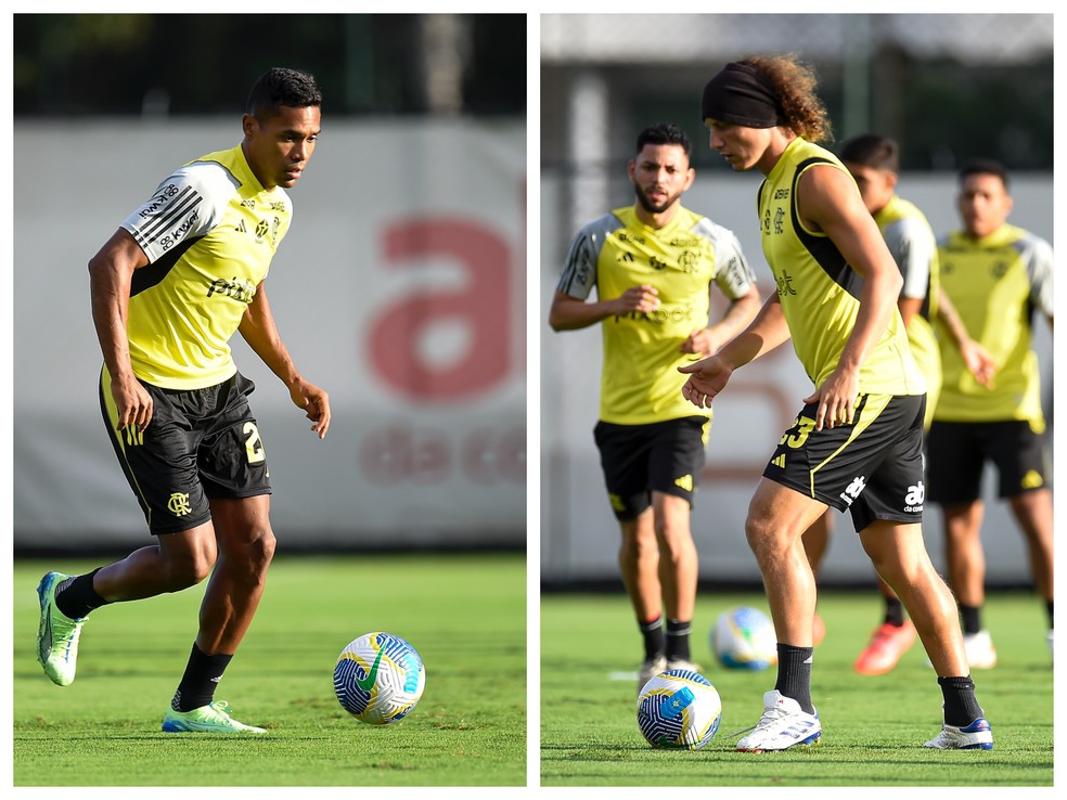 Alex Sandro e David Luiz voltaram a treinar com o grupo do Flamengo nesta quinta — Foto: Marcelo Cortes/Flamengo