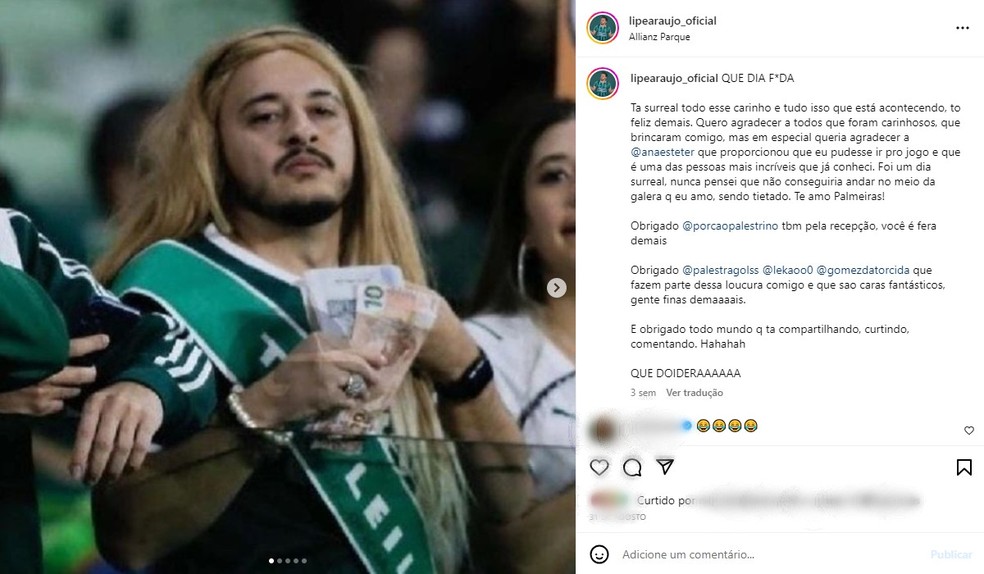 "Tia Leila" esteve no estádio pela primeira vez no jogo da volta contra o Deportivo Pereira — Foto: Reprodução/Instagram