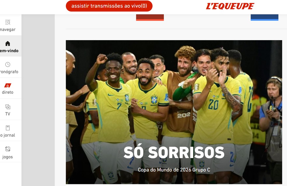 L'Équipe, da França, diz que Brasil é "só sorrisos" após vitória e classificação — Foto: Reprodução