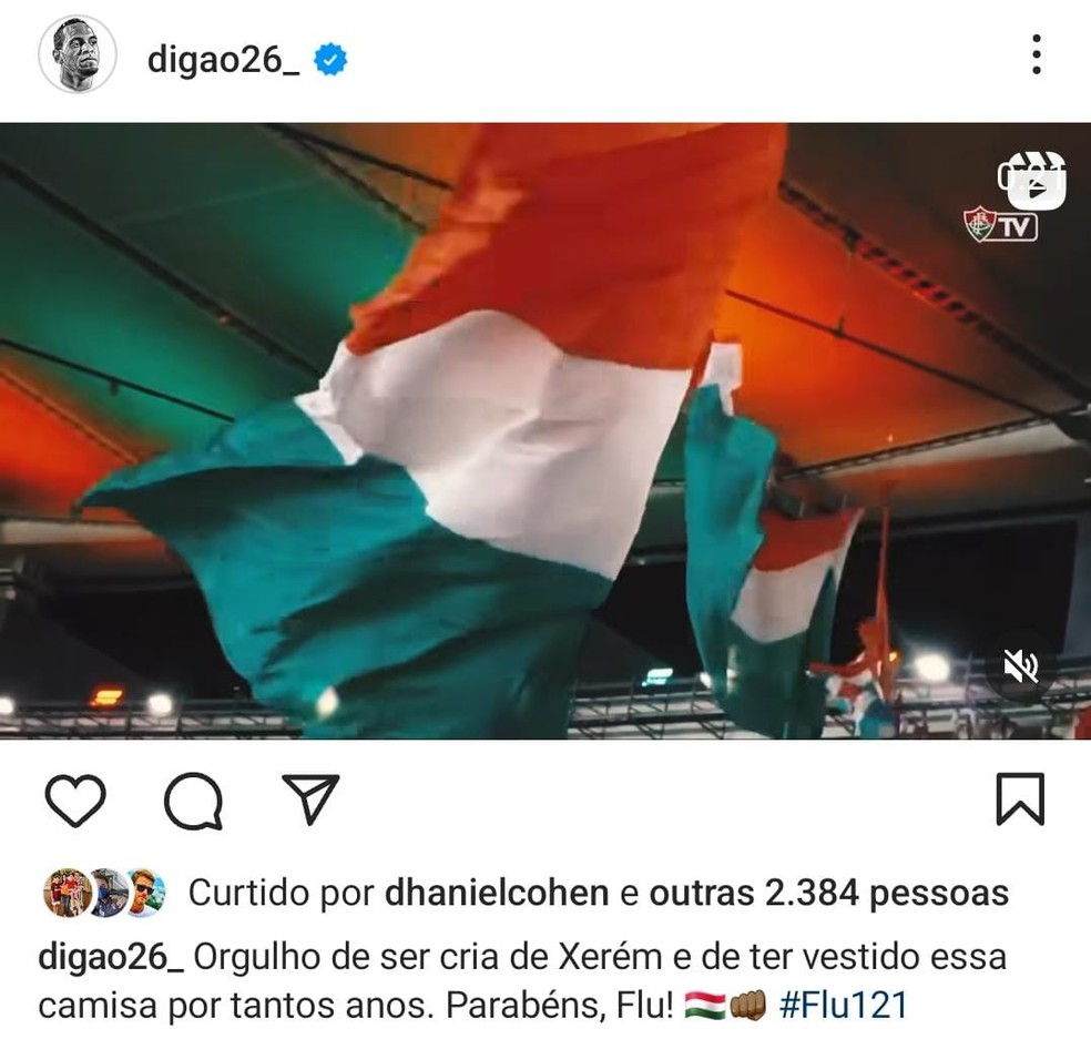 Digão posta mensagem de parabéns ao Fluminense — Foto: Reprodução