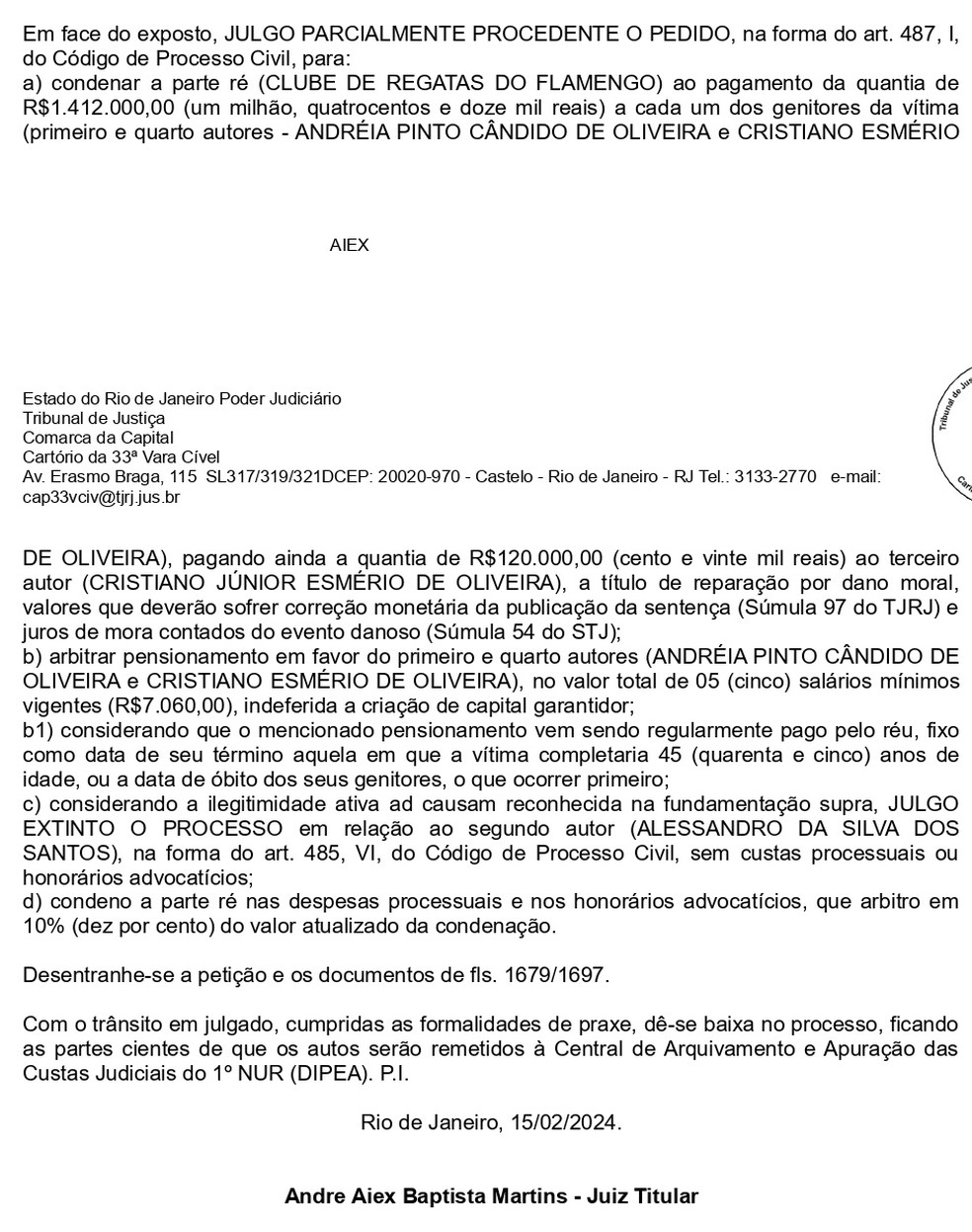 Decisão da Justiça para a família de Christian Esmério — Foto: Reprodução