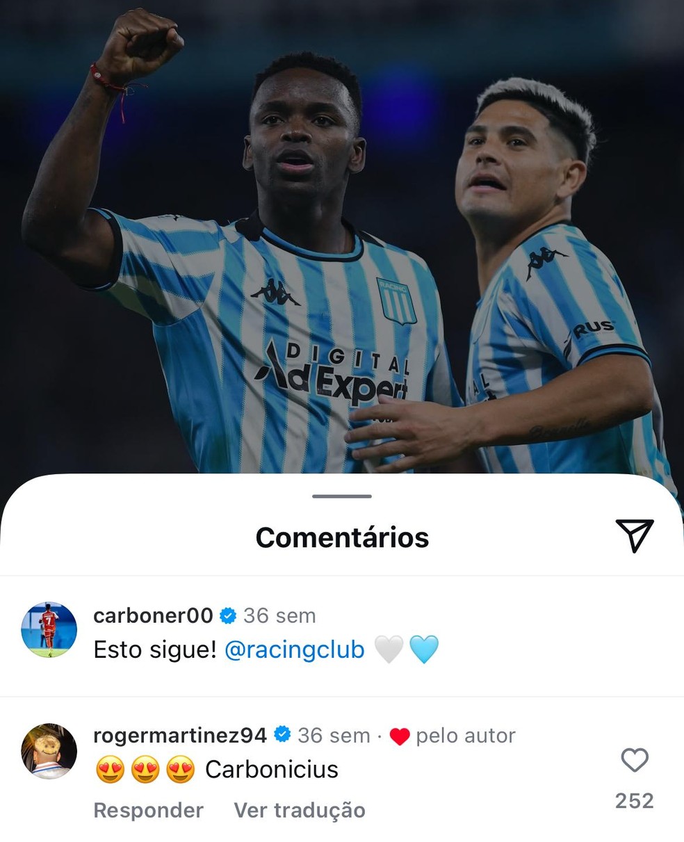 Martínez brinca com o amigo Carbonero no Racing — Foto: Reprodução, Instagram