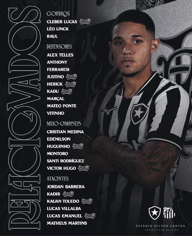 Sem Arthur Cabral, Botafogo divulga relacionados para jogo contra o Santos; veja lista