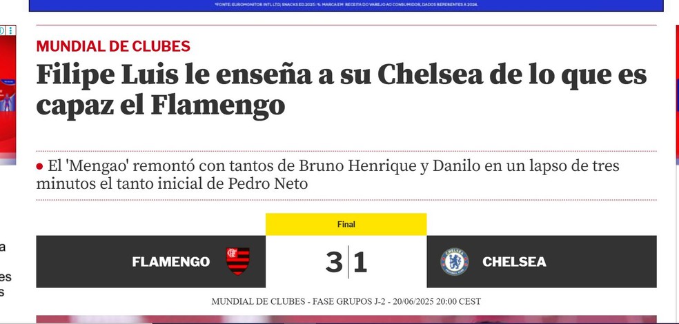 Mundo Deportivo, da Espanha, destaca vitória sobre o Chelsea — Foto: Reprodução