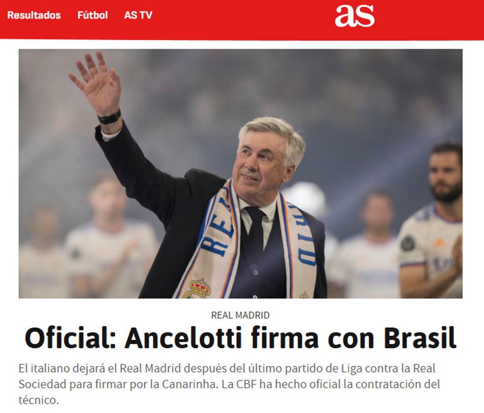 Veja a repercussão internacional do anúncio de Carlo Ancelotti pela CBF — Foto: Reprodução / Diário As