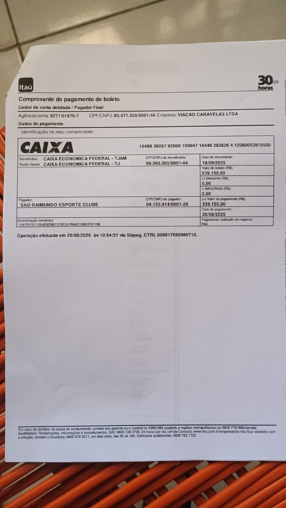 Clube efetuou o pagamento de mais de R$ 539 mil e evitou o leilão da sede social do Tufão. — Foto: Divulgação