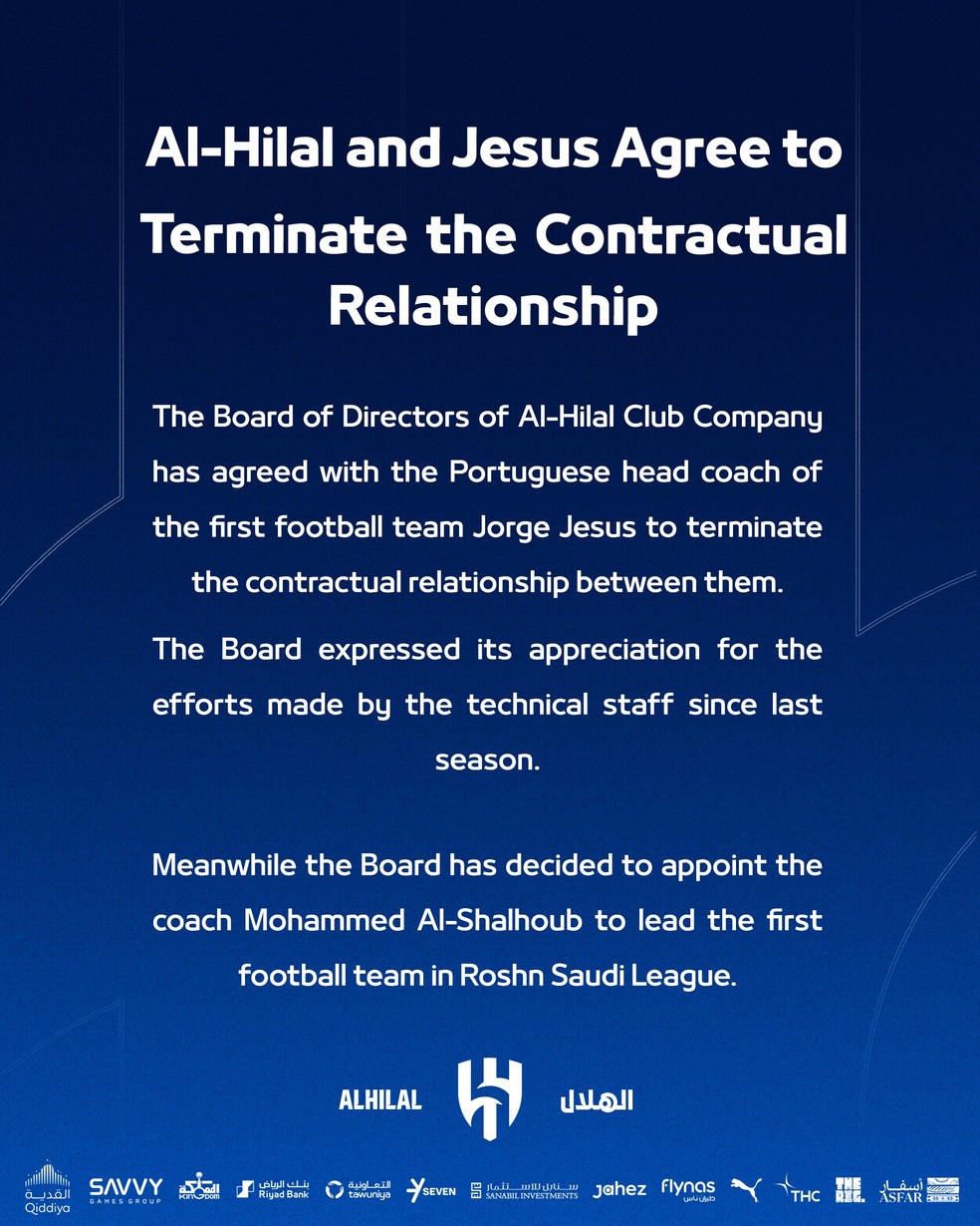 Jorge Jesus não é mais treinador do Al-Hilal — Foto: Divulgação
