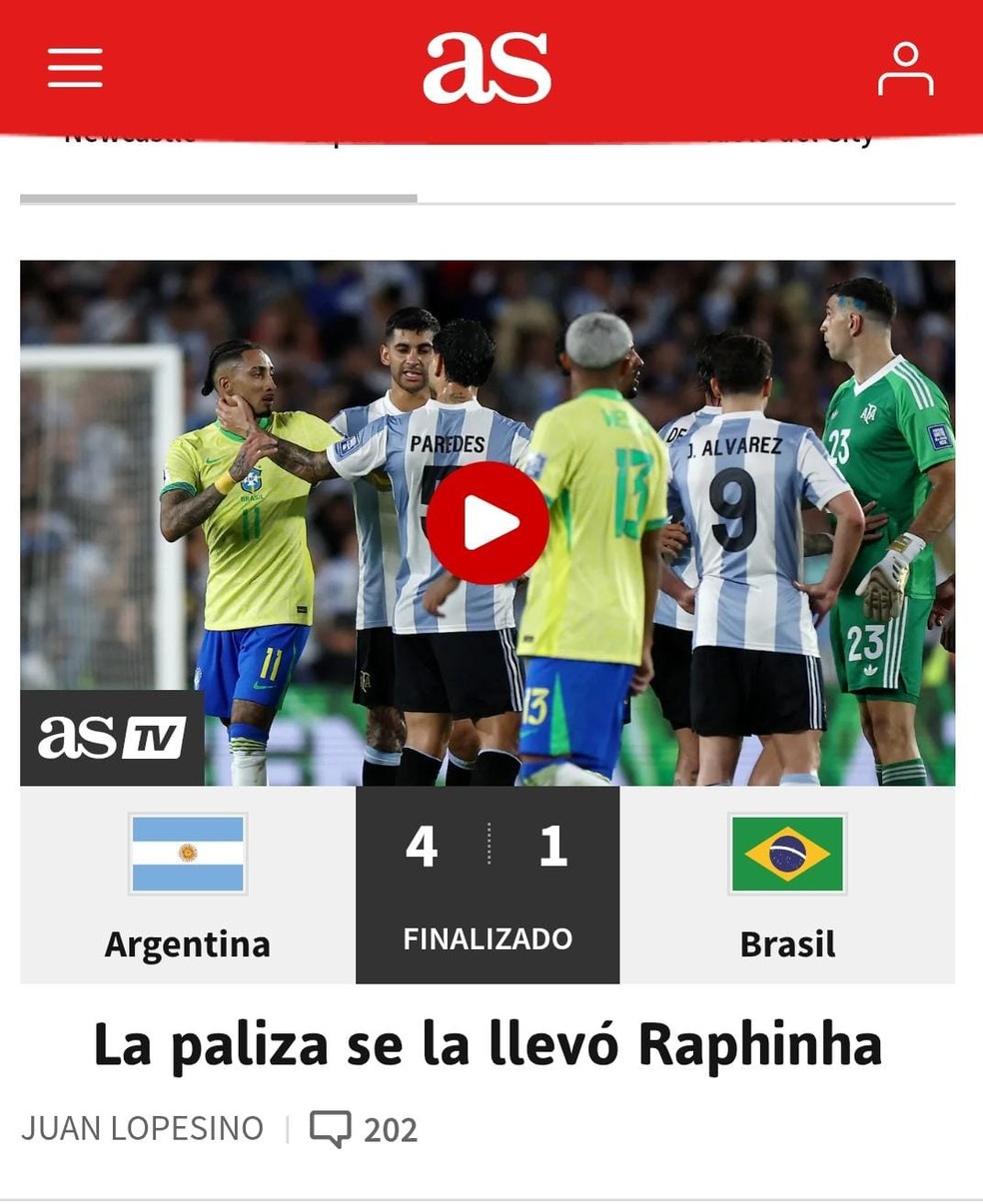 Jornal espanhol relembra fala de Raphinha em análise de Argentina x Brasil: "A porrada quem levou foi ele" — Foto: Reprodução / AS