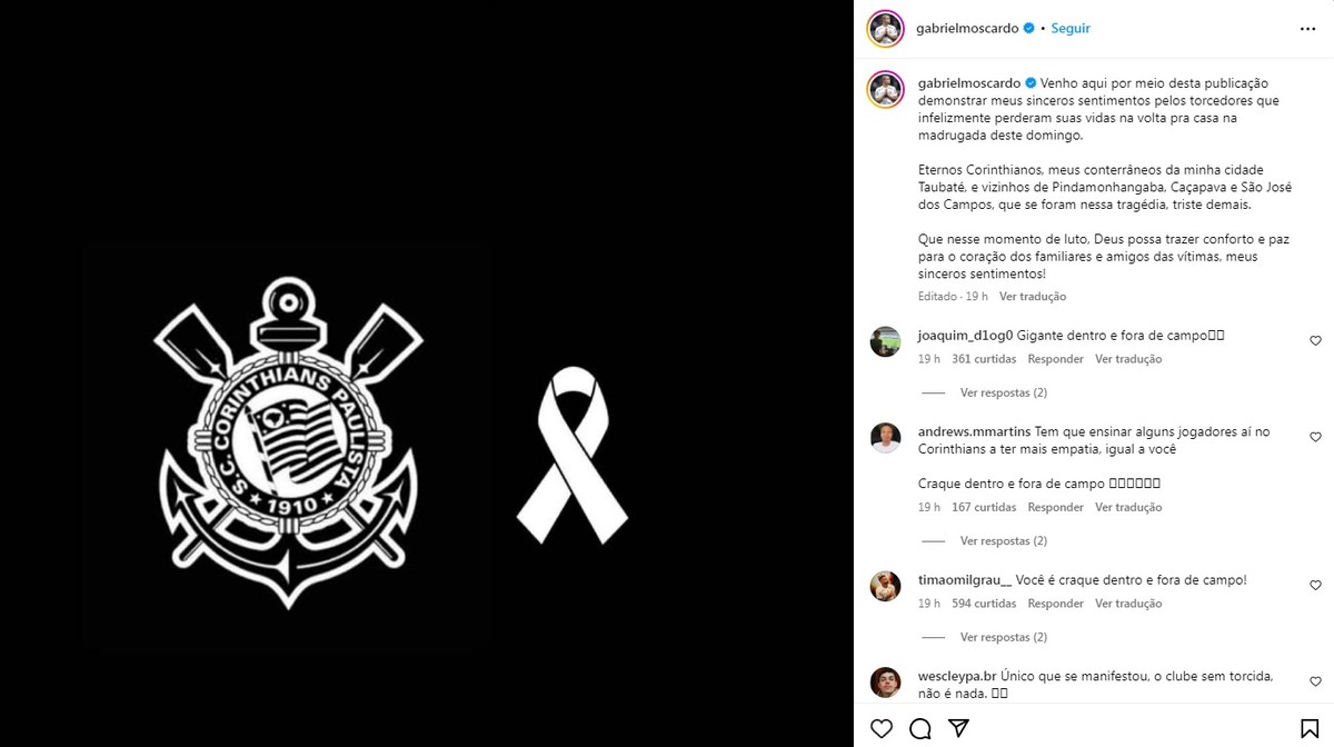 Gabriel Moscardo lamenta tragédia envolvendo torcedores do Corinthians: 