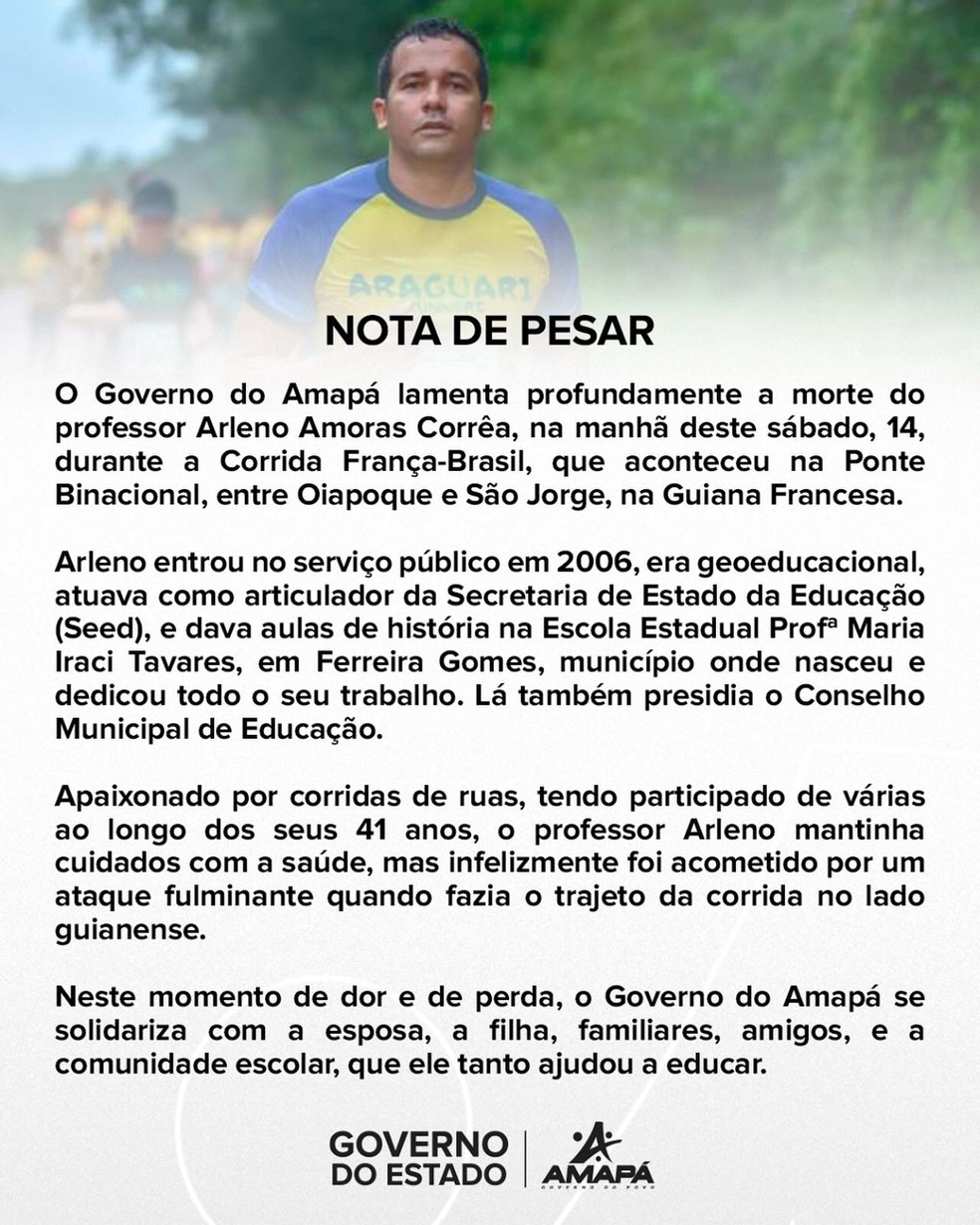 Nota de pesar do governo do Amapá lamentando a morte do professor — Foto: Gea/divulgação