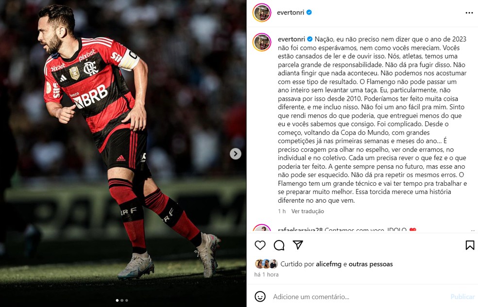 Everton Ribeiro fez texto lamentando o ano do Flamengo e a queda individual — Foto: Reprodução
