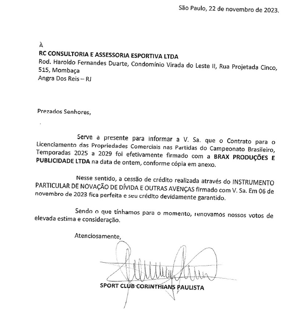 Notificação enviada pelo Corinthians a empresa do agente Carlos Leite — Foto: Reprodução