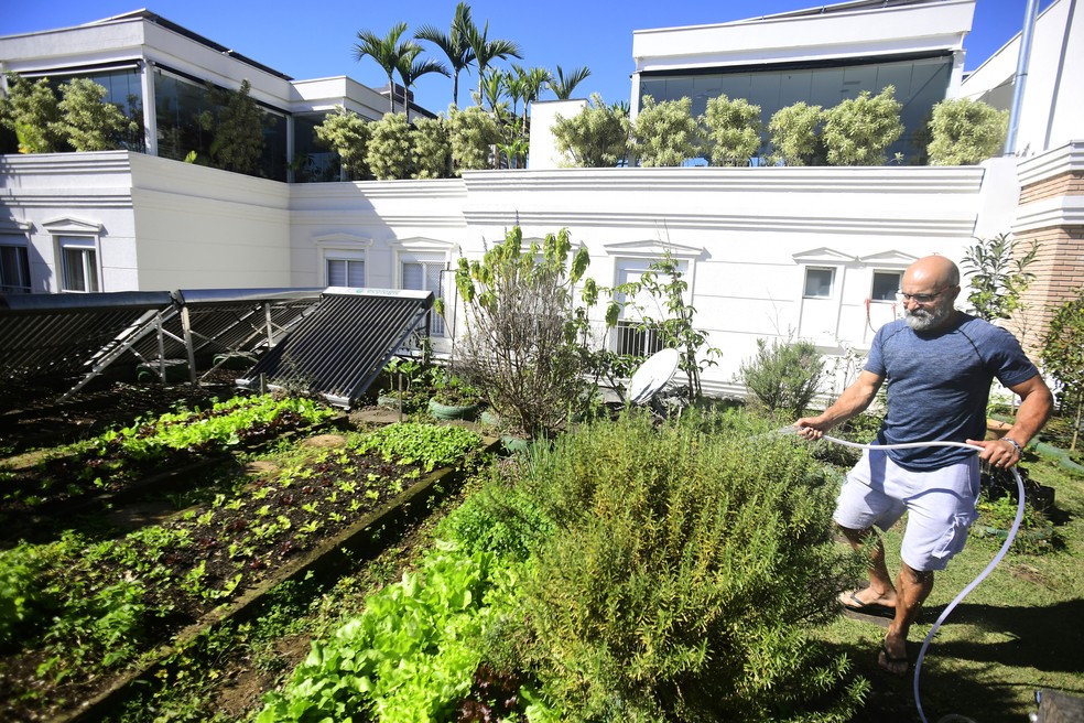 Jorge, pai de Lucas Moura, molha sua horta em mansão em São Paulo — Foto: Marcos Ribolli