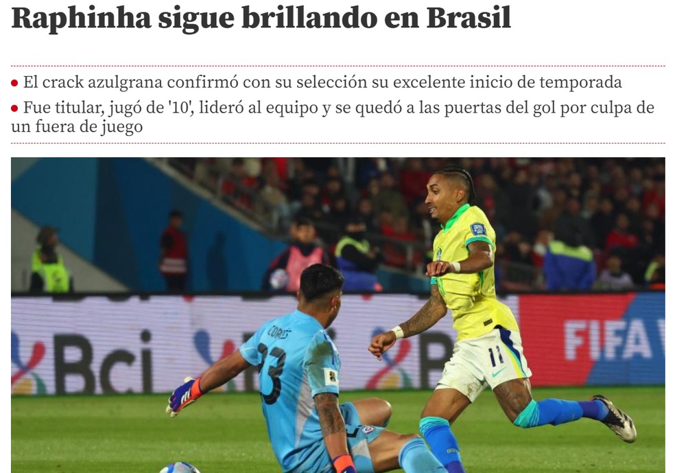 O Mundo Deportivo, de Barcelona, destacou atuação de Raphinha, que vive ótima fase no Barça — Foto: Reprodução