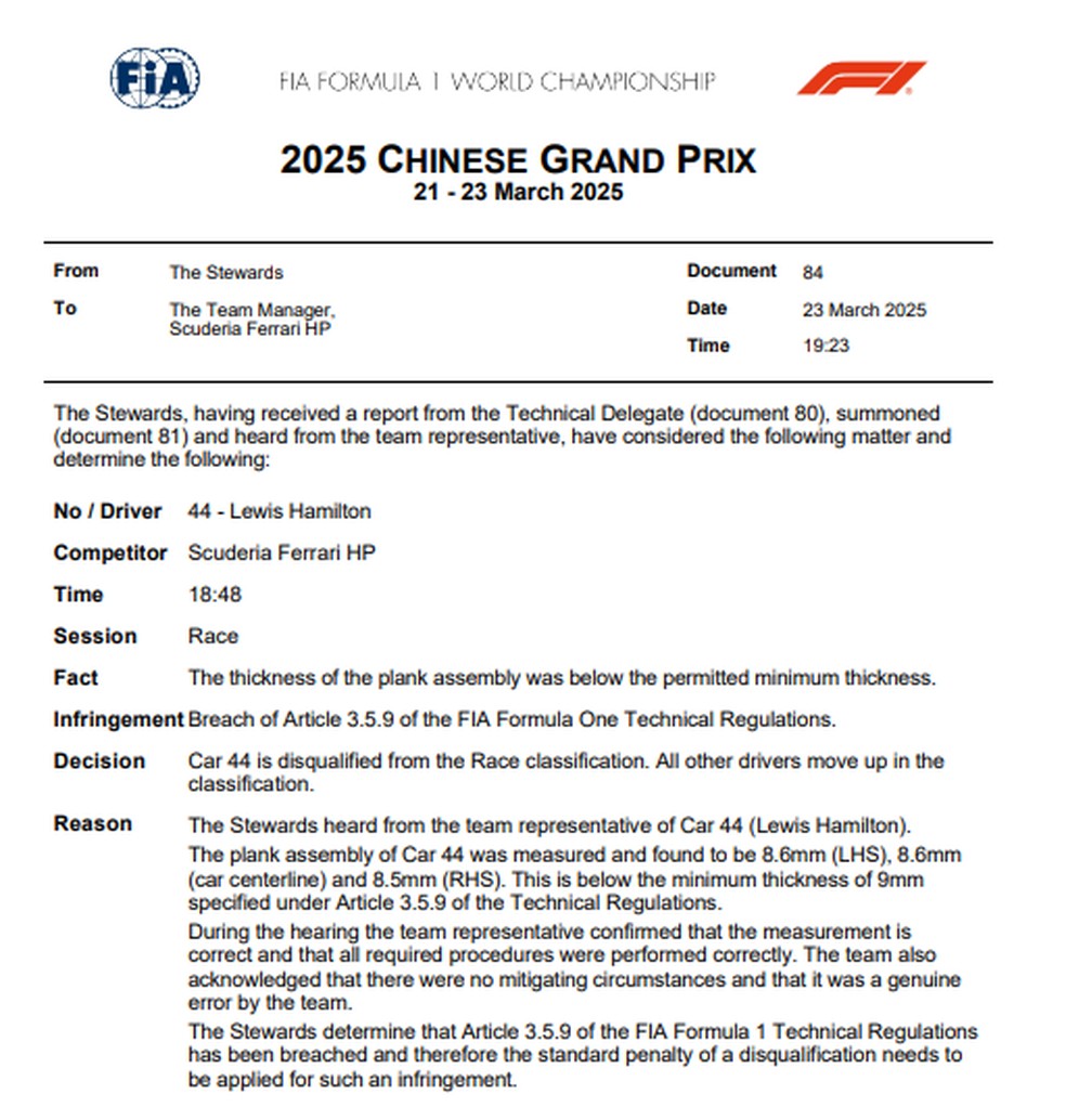 Documento da FIA detalha desclassificação de Lewis Hamilton do GP da China — Foto: FIA