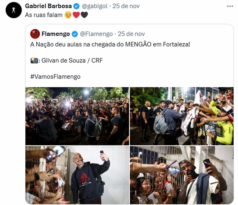 Gabigol postou "as ruas falam" após o carinho dos rubro-negros na orla de Fortaleza — Foto: Reprodução