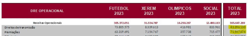 Orçamento do Fluminense com premiações — Foto: Reprodução
