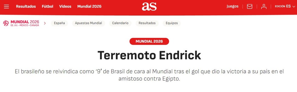 Endrick é elogiado em crônica do jornal AS — Foto: Reprodução/As