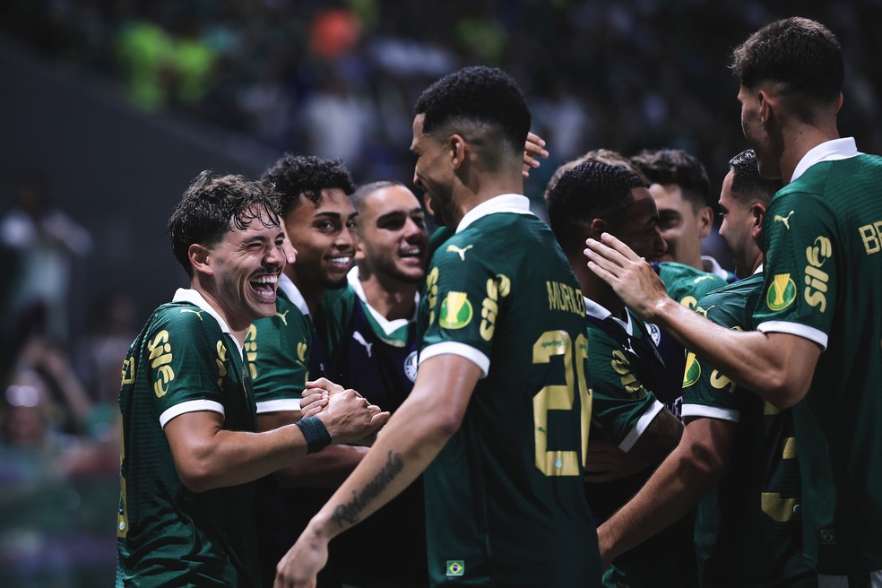 Jogadores do Palmeiras na vitória contra a Portuguesa — Foto: Ettore Chiereguini/AGIF