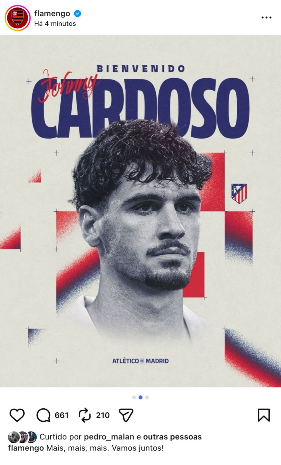 Flamengo publica por enagno imagem de Johnny Cardoso — Foto: Reprodução / Flamengo