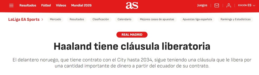Diário As repercute a questão contratual envolvendo Haaland e Manchester City — Foto: Reprodução/As
