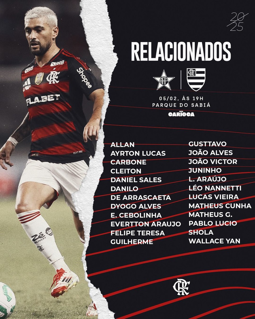 Relacionados do Flamengo para o jogo contra a Portuguesa — Foto: Reprodução