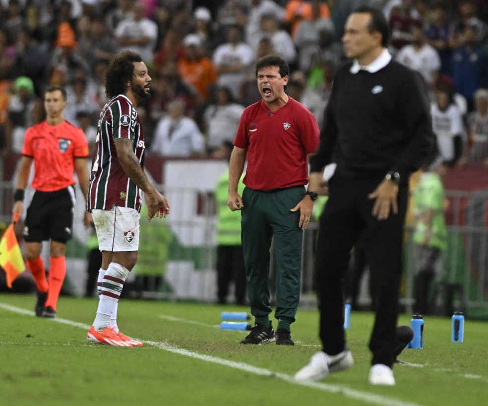 Diniz reclamando em Fluminense e Alianza Lima — Foto: André Durão