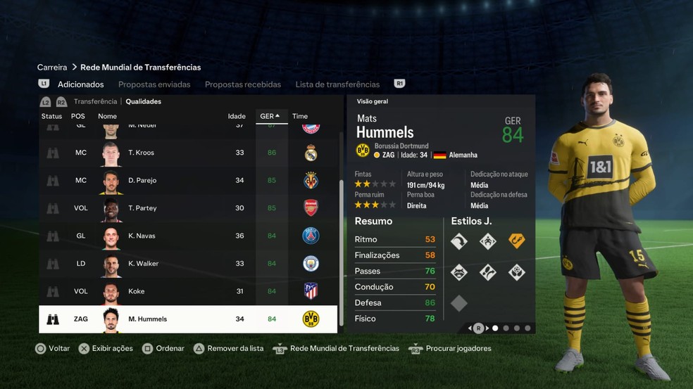 Hummels no modo carreira do FC 24 — Foto: Reprodução/EA Sports