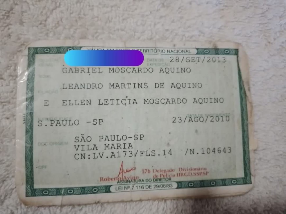 RG de Gabriel Moscardo, fã de Gabriel Moscardo, do Corinthians — Foto: Arquivo pessoal