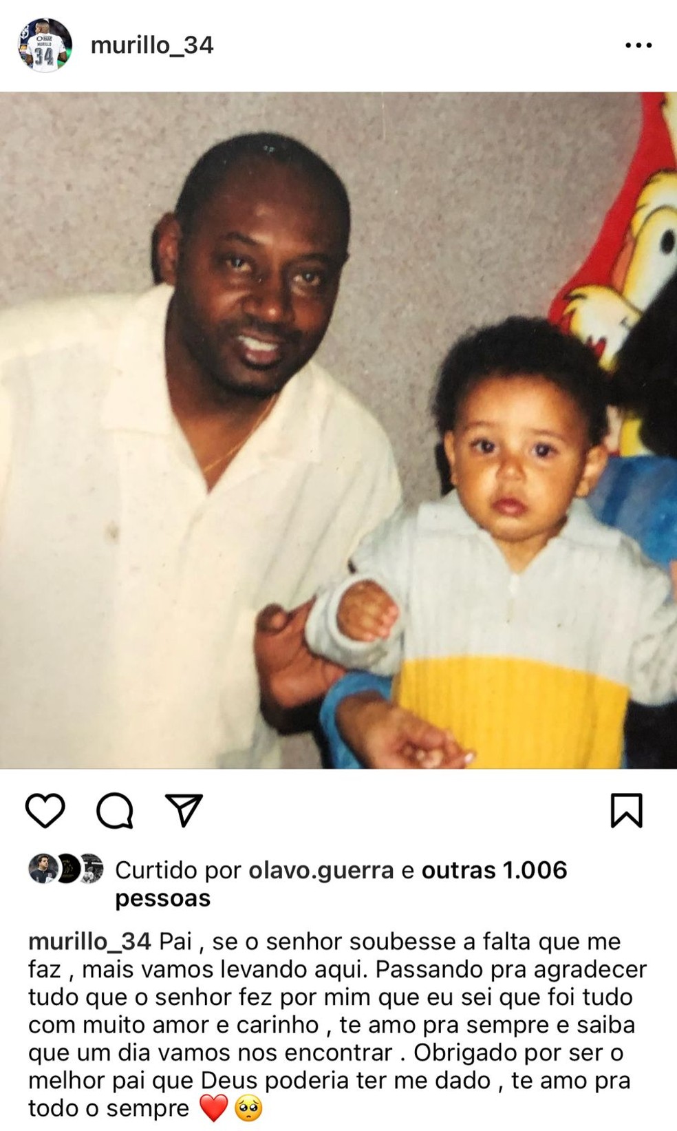 Post de Murillo, do Corinthians, em homenagem ao pai — Foto: Reprodução