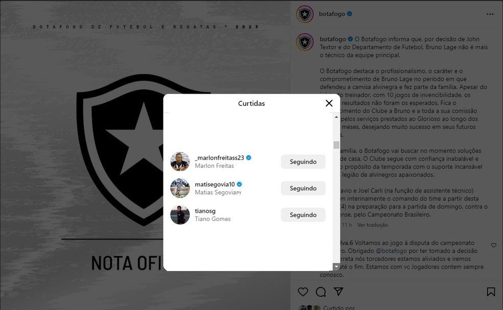 Marlon Freitas e Segovinha curtem publicação de demissão de Bruno Lage — Foto: Reprodução