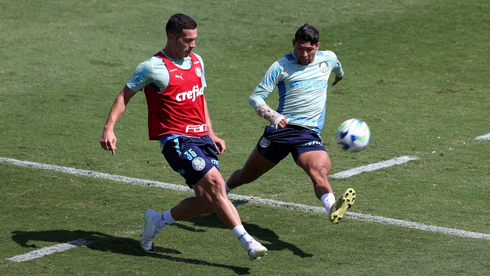 Rony disputa com Fabinho em treino do Palmeiras na Academia de Futebol — Foto: Cesar Greco