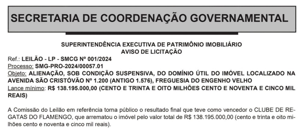Diário Oficial publicou vitória do Flamengo em leilão público — Foto: Divulgação