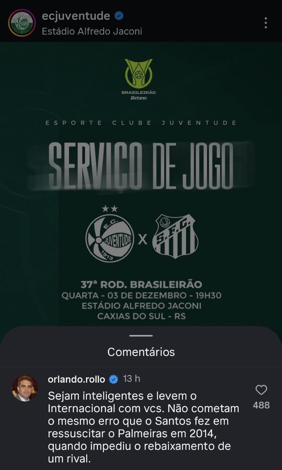 Comentário de ex-presidente do Santos em publicação do Juventude — Foto: Reprodução/Redes Sociais