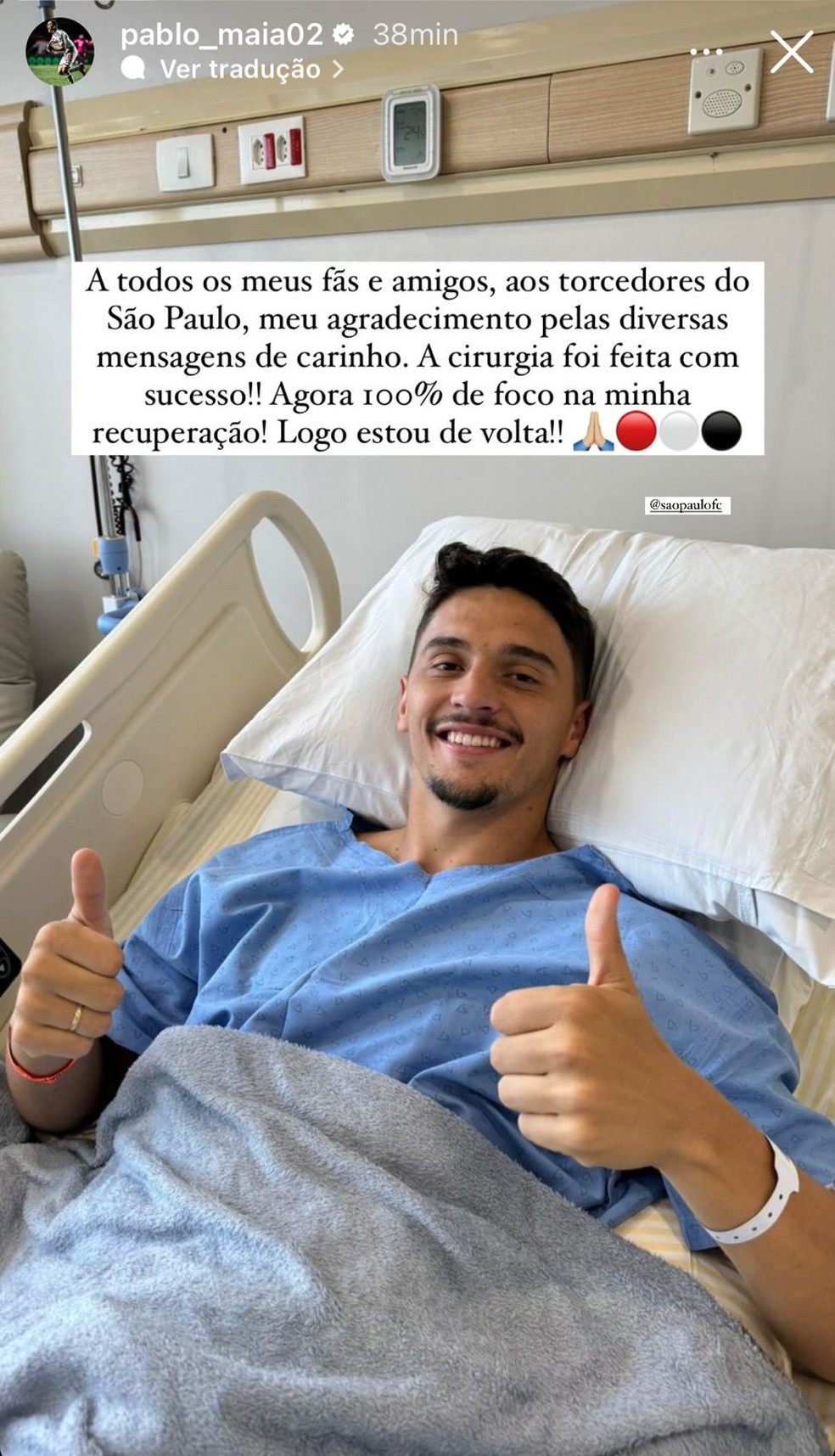 Pablo Maia em recuperação de cirurgia — Foto: Reprodução