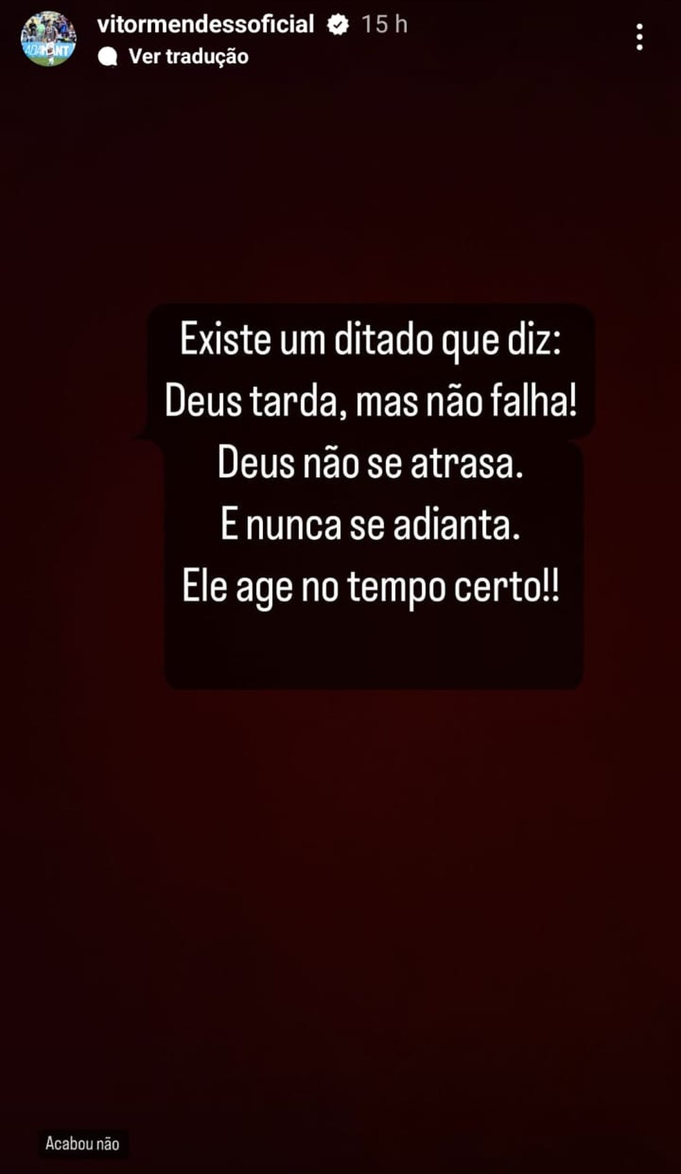 Vitor Mendes, zagueiro do Fluminense, diz: "Acabou não" — Foto: Reprodução/Instagram