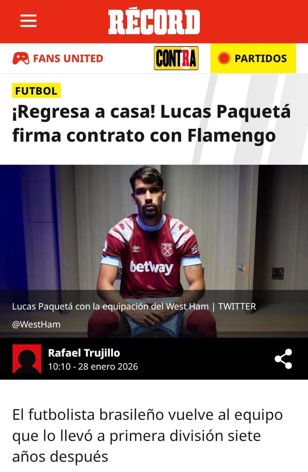 Record repercute Paquetá no Flamengo — Foto: Reprodução