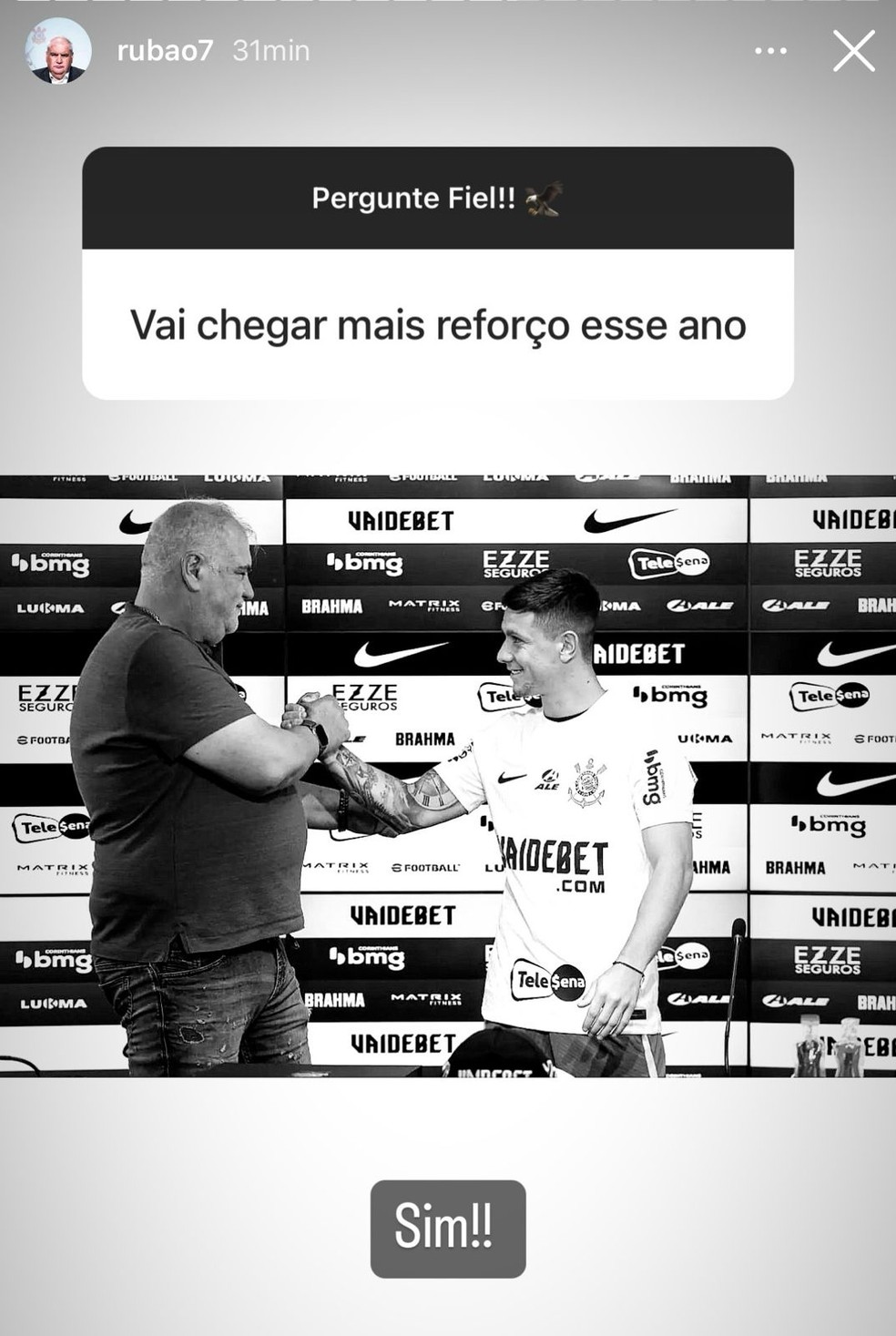 Rubão promete chegada de mais reforços ao Corinthians — Foto: Reprodução/Instagram
