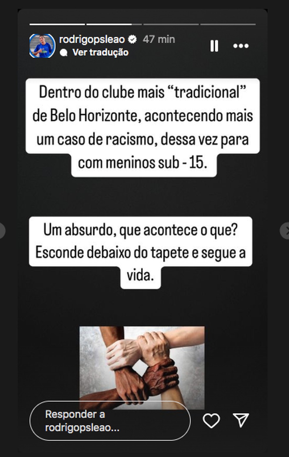 Rodriguinho, do Cruzeiro, fez postagens sobre caso de racismo ocorrido no clube — Foto: Reprodução
