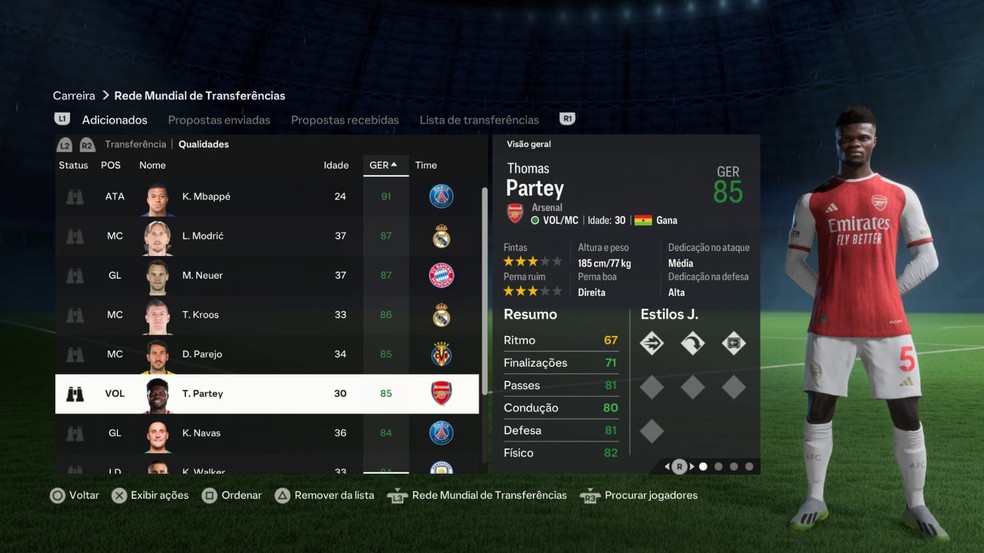 Partey no modo carreira do FC 24 — Foto: Reprodução/EA Sports