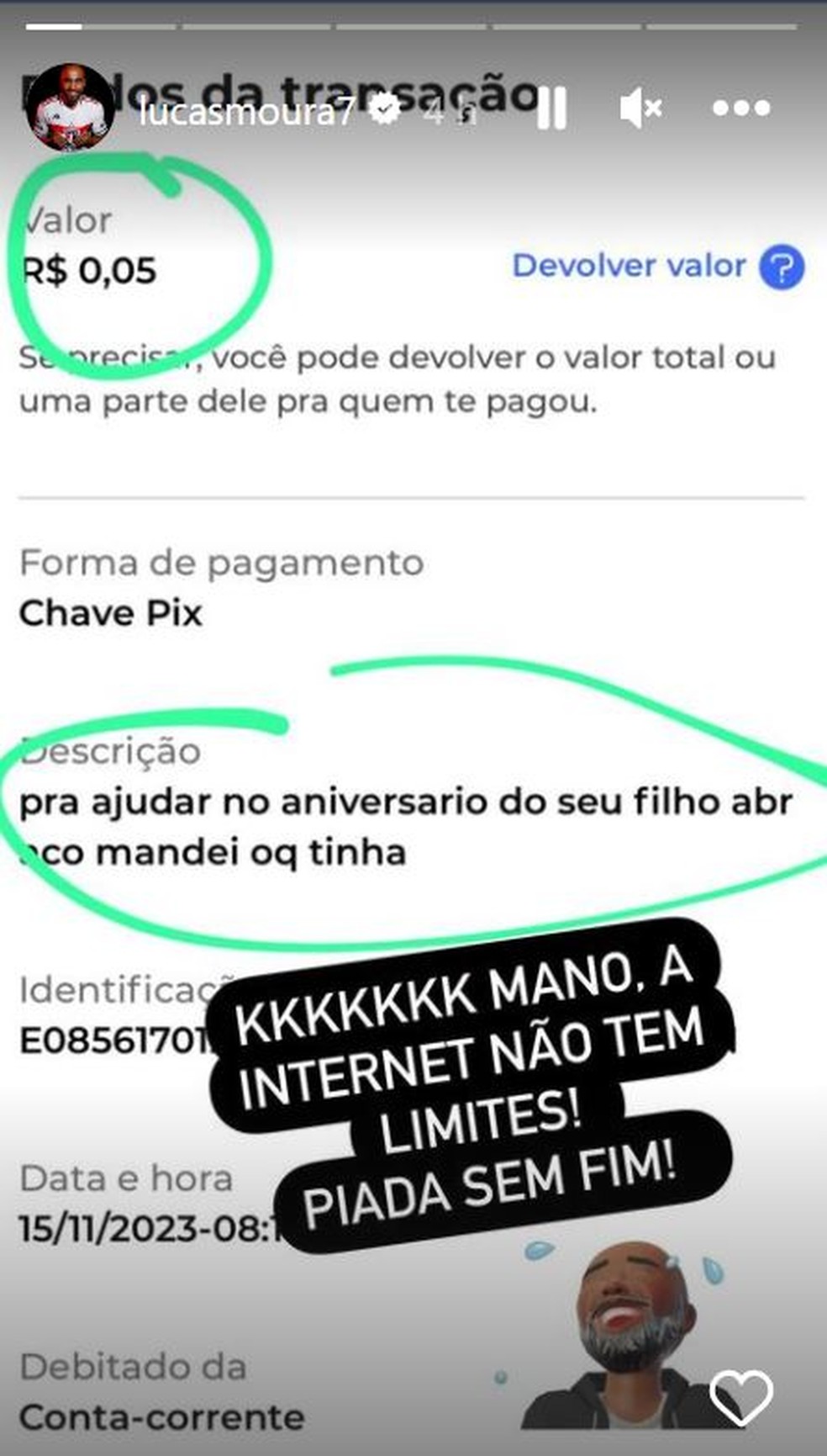 Lucas Moura publica Pix que recebeu de torcedor — Foto: Reprodução