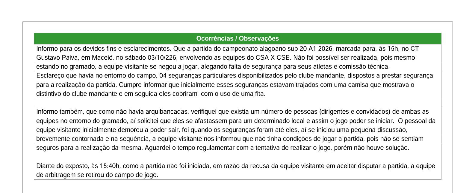 CSA e CRB na decisão: árbitro relata na súmula que CSE se recusou a disputar semifinal do Alagoano Sub-20
