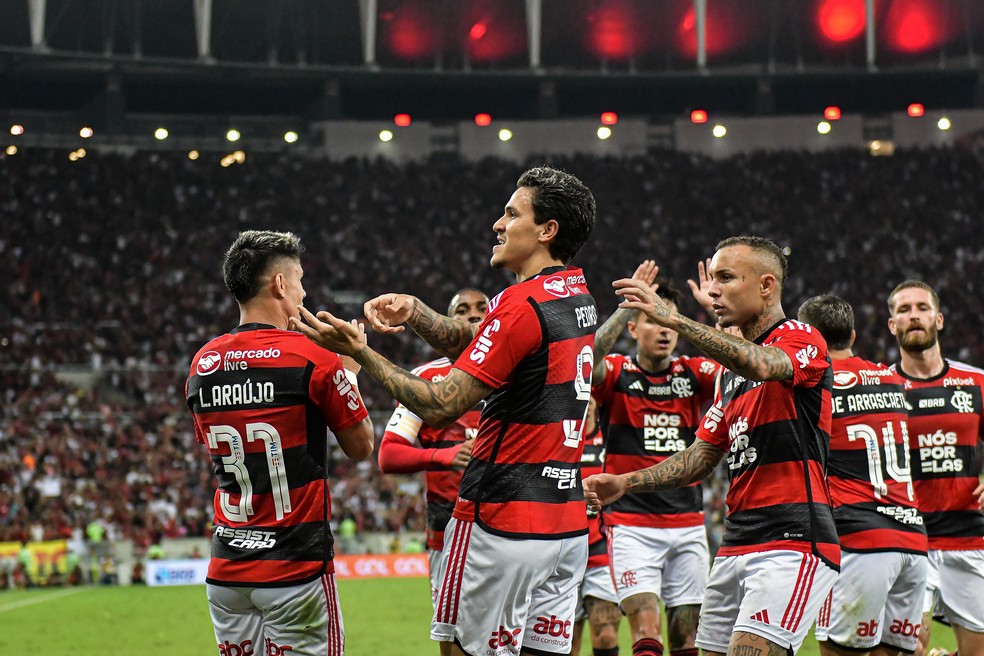 Pedro e companheiros comemoram gol pelo Flamengo — Foto: Thiago Ribeiro/AGIF