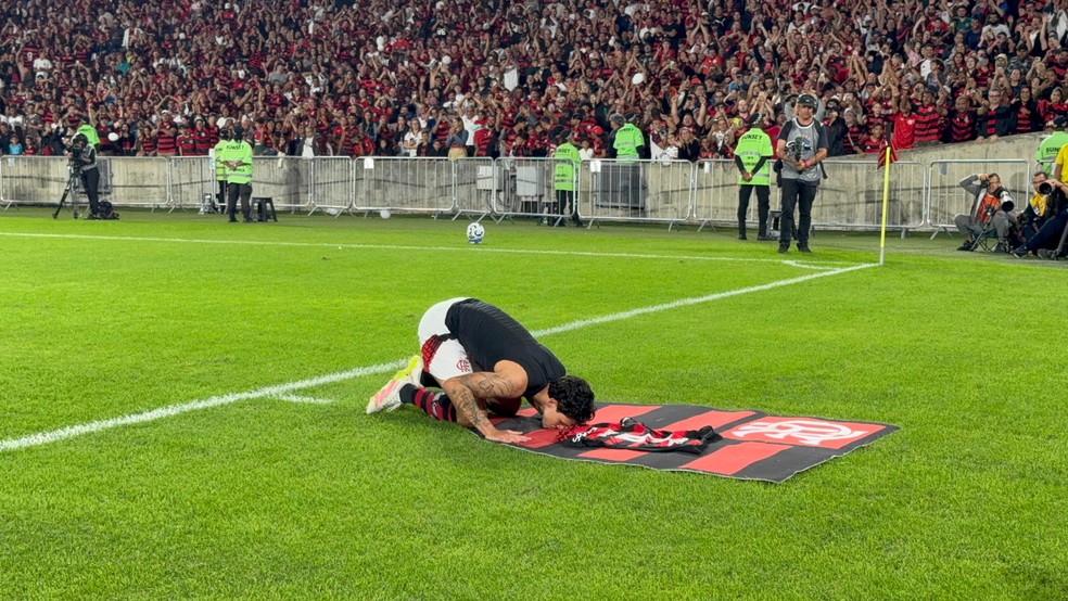 Pedro beija escudo do Flamengo aps gol  Foto: Luiza S/ge