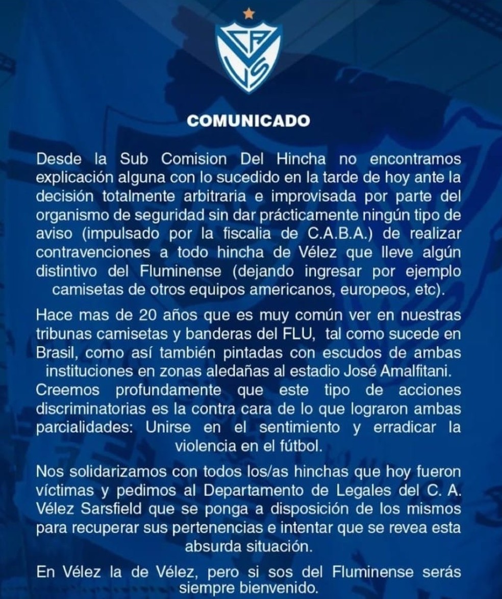 Comunicado da torcida do Vélez Sarsfield — Foto: Reprodução