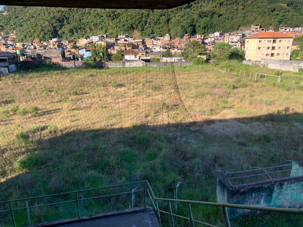 Visão da arquibancada mostra o mato alto e os arbustos espalhados pelo campo do Teresópolis — Foto: Tébaro Schmidt / ge