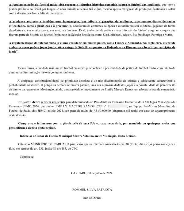 Decisão judicial garantiu o direito de menina disputar competição masculina — Foto: Defensoria Pública de Pernambuco